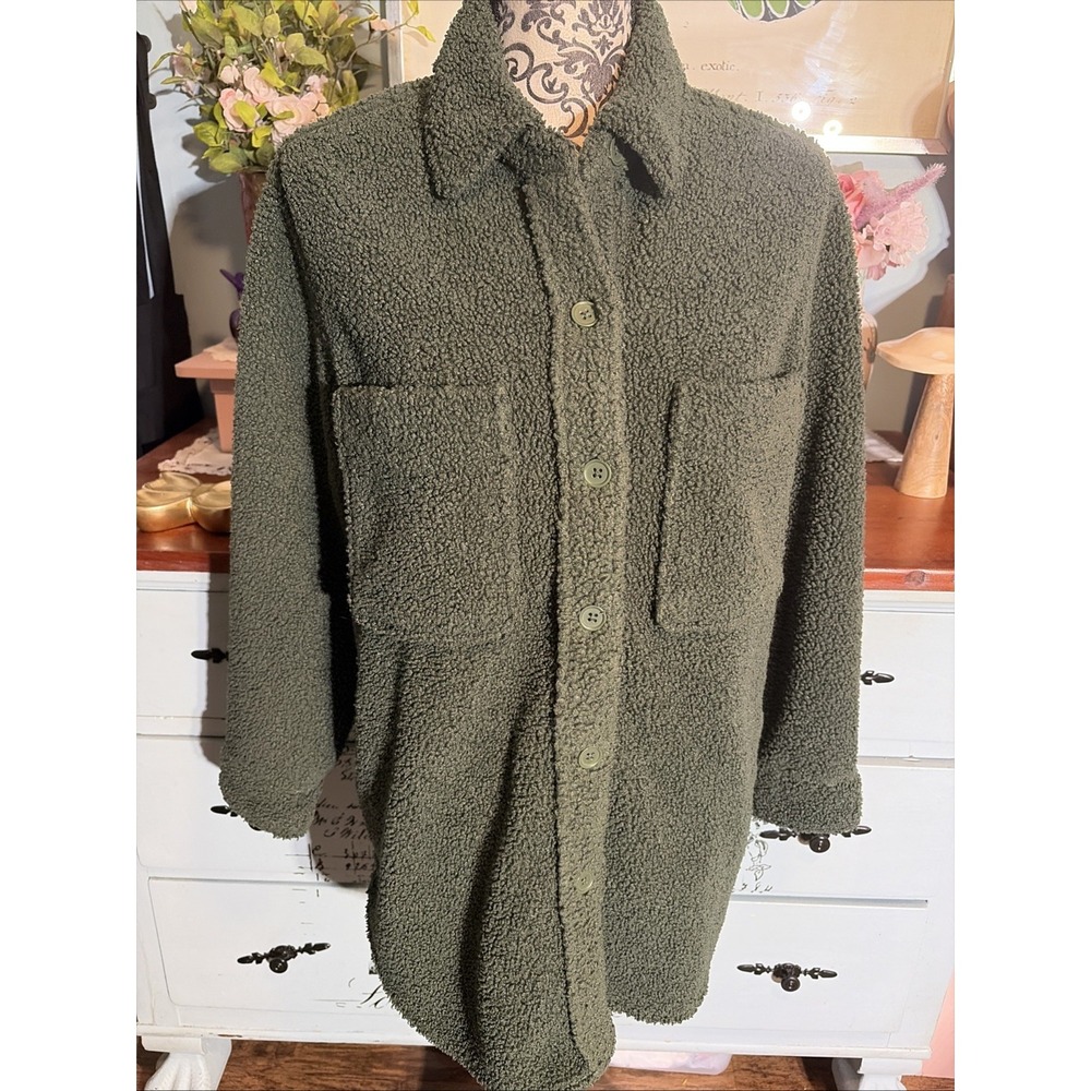 Ecothreads Ladies' Long Sleeve Boucle Shirt Jacket, Size-Small Dark Green